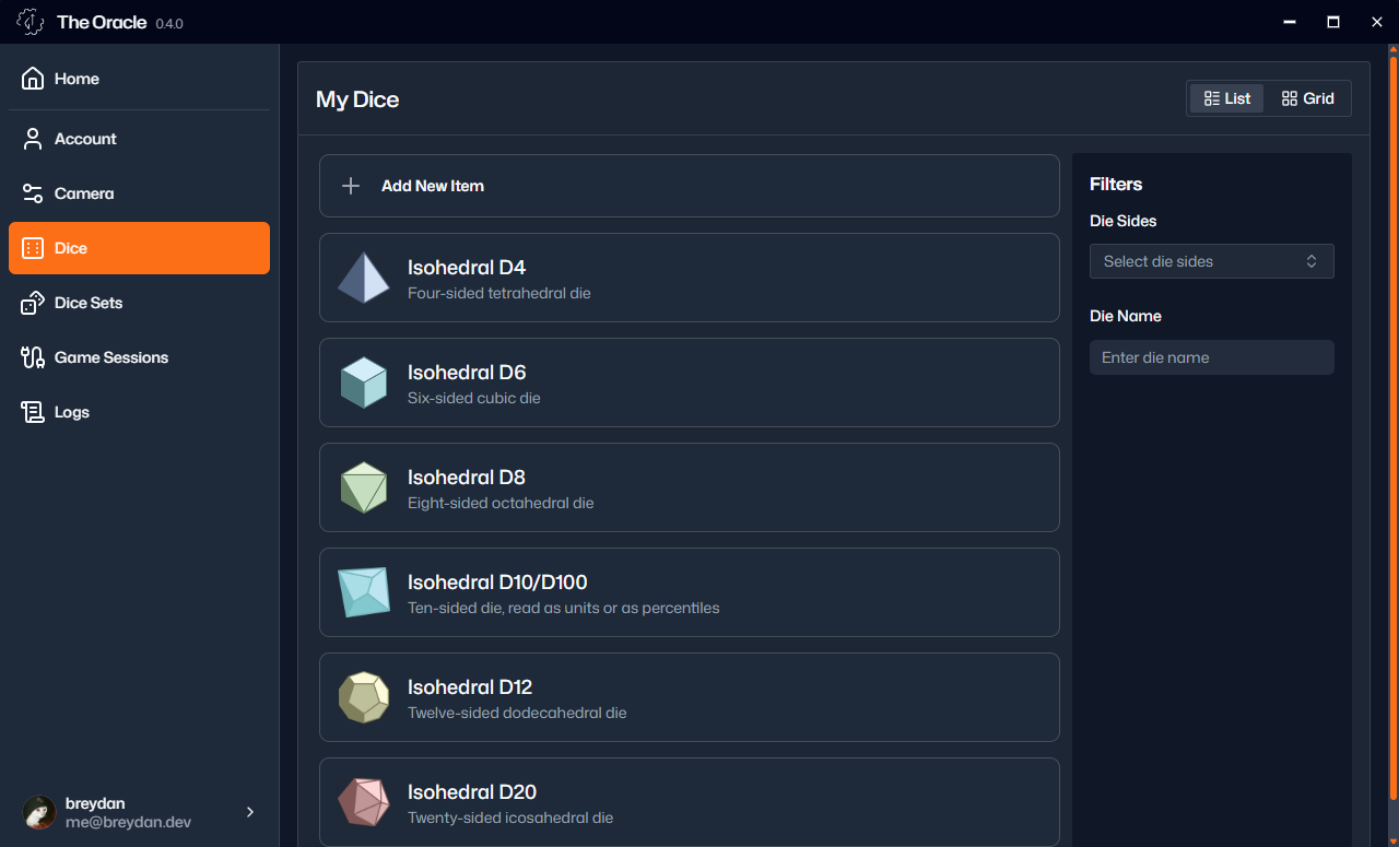 The Oracle desktop app showing the My Dice list with d4 through d20